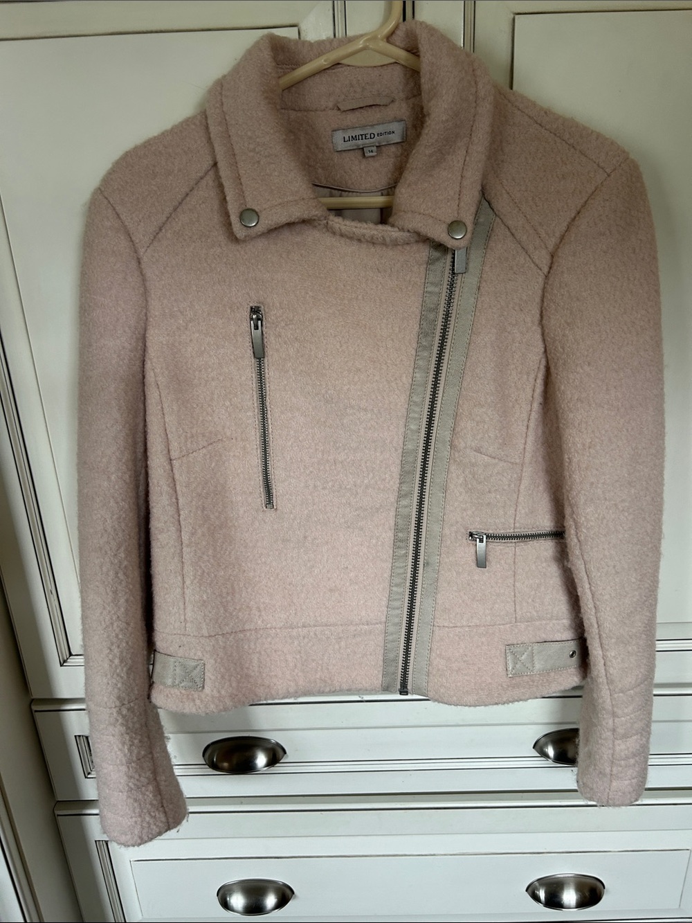 Limited Edition light pink wool-blend moto jacket size 14